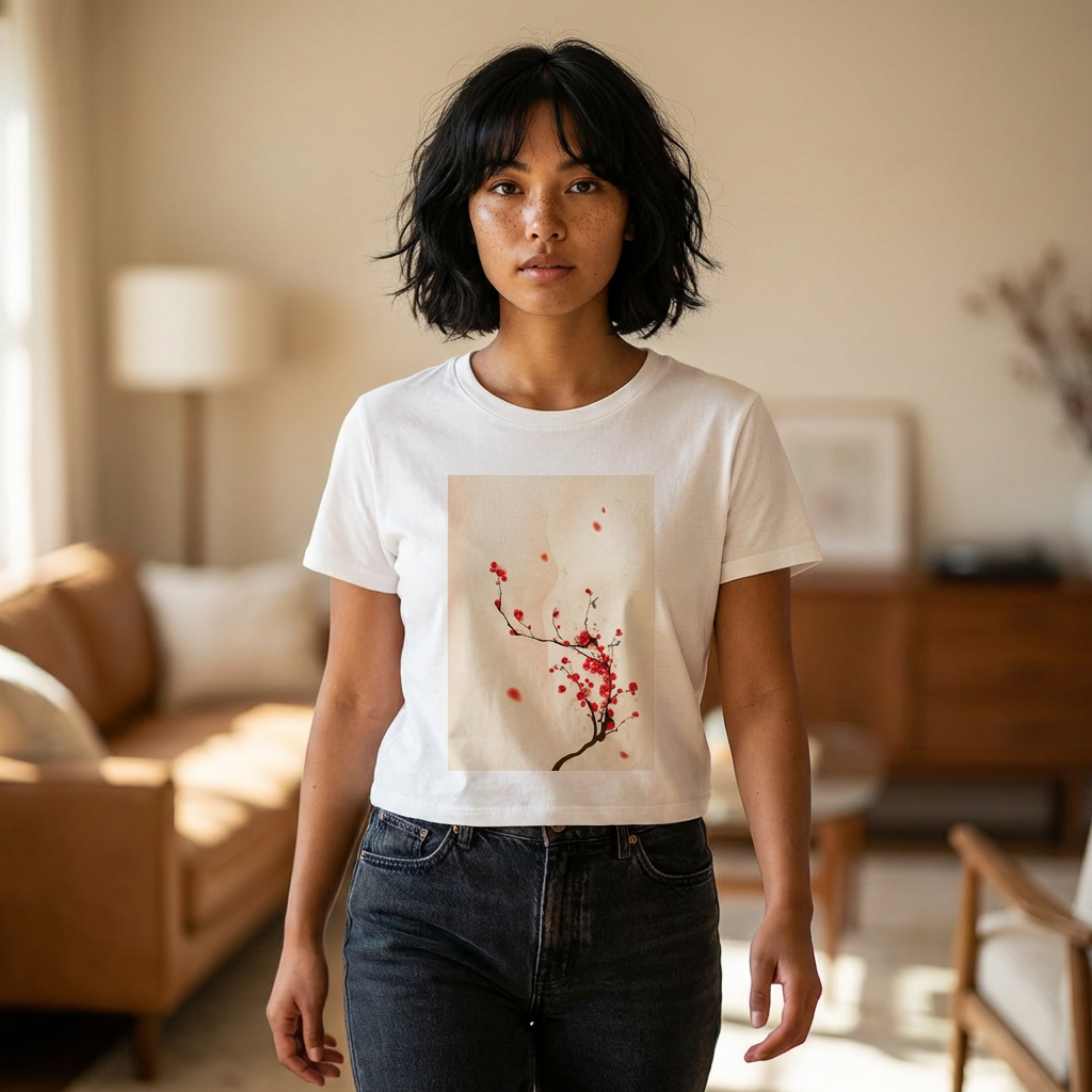 Cherry Blossom Cropped Tee — Women's Floral Micro Rib Baby Tee - Image 3